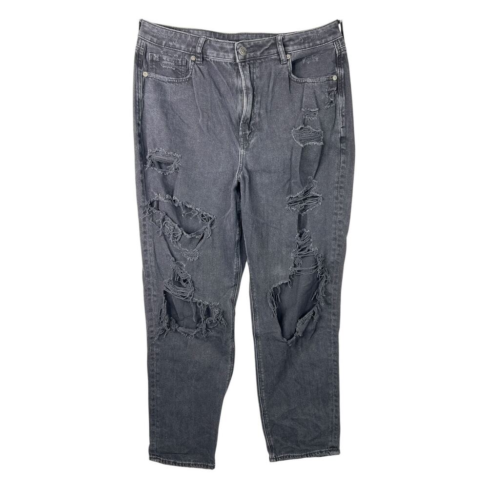 American Eagle AE Mom Jean Black Destroyed High Waisted Ripped Tapered Womens 14